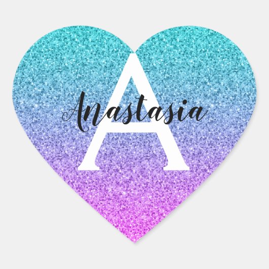 Glam Paars Aqua Glitter Sparkle Gradient Monogram Hart Sticker (Voorkant)