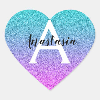 Glam Paars Aqua Glitter Sparkle Gradient Monogram Hart Sticker