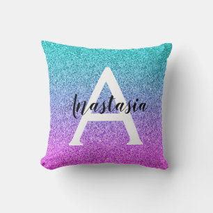 Glam Paars Aqua Glitter Sparkle Gradient Monogram Kussen