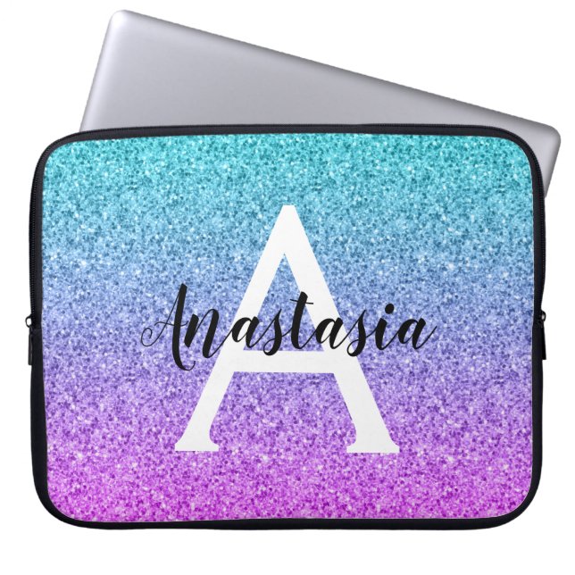 Glam Paars Aqua Glitter Sparkle Gradient Monogram Laptop Sleeve (Voorkant)