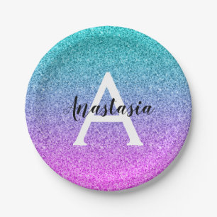 Glam Paars Aqua Glitter Sparkle Gradient Monogram Papieren Bordje