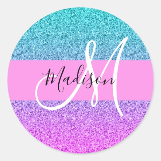 Glam Paars Aqua Glitter Sparkle Gradient Monogram Ronde Sticker (Voorkant)