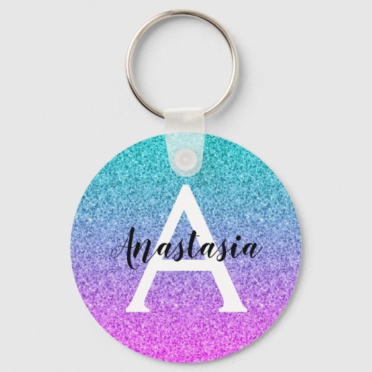 Glam Paars Aqua Glitter Sparkle Gradient Monogram Sleutelhanger (Voorkant)