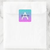 Glam Paars Aqua Glitter Sparkle Gradient Monogram Vierkante Sticker (Tas)