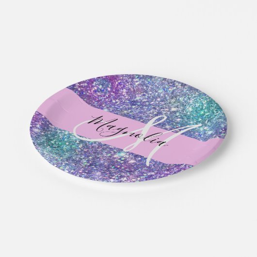 Glam Paars, blauw en groen glitter Sparkle Monogra Papieren Bordje (Gekanteld)