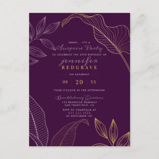 Glam Paars en Gold Leaves Modern Surprise Party Uitnodiging Briefkaart