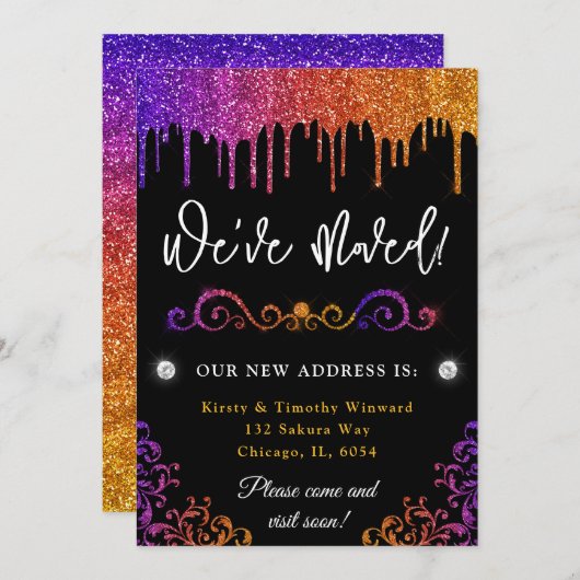 Glam Paars en Oranje gradiënt Glitter Nieuw Huis Aankondiging (Voorkant / Achterkant)