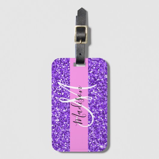 Glam Paars en Roze Glitter Sparkle Monogram Naam Bagagelabel (Voorkant (verticaal))