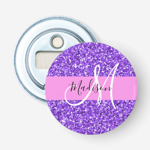 Glam Paars en Roze Glitter Sparkle Monogram Naam Button Flesopener