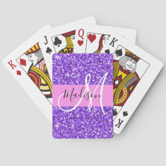 Glam Paars en Roze Glitter Sparkle Monogram Naam Pokerkaarten