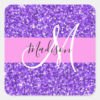 Glam Paars en Roze Glitter Sparkle Monogram Naam Vierkante Sticker
