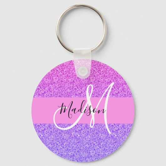 Glam Paars roze glitter sparkle Gradient Monogram Sleutelhanger (Voorkant)
