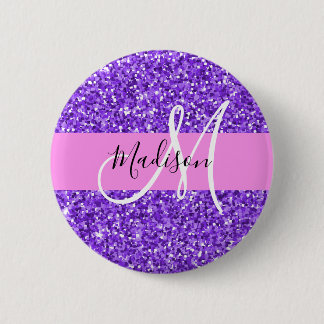 Glam paars & roze glitterschuine monogram naam ronde button 5,7 cm
