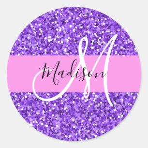 Glam paars & roze glitterschuineletter naam ronde sticker