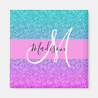 Glam paarse aqua glitters glans verloop monogram magneet