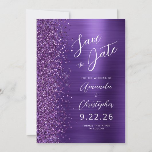 Glam Paarse Brushed Metal Script Bewaar de datum Aankondiging (Voorkant)