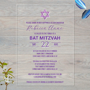 Glam Paarse Chic Traditionele Elegante Bat Mitzvah Acryl Uitnodigingen