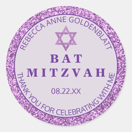 Glam Paarse Dank u Chic Bat Mitzvah Partij Ronde Sticker (Voorkant)