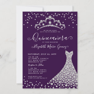 Glam Paarse Diamond Sparkle Tiara Gown Quinceanera Kaart