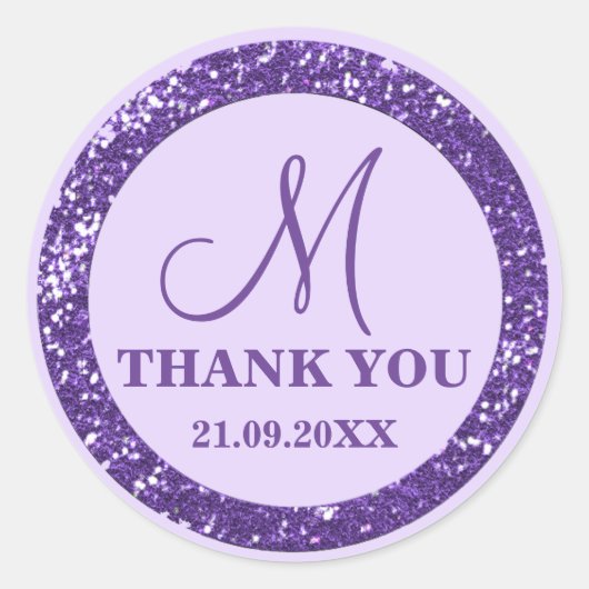 Glam Paarse Glitter Dank u Monogram Ronde Sticker (Voorkant)
