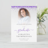 Glam Paarse Glitter Foto 2024 Afstuderen Aankondiging (Staand voorkant)