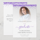 Glam Paarse Glitter Foto 2024 Afstuderen Aankondiging (Voorkant / Achterkant)