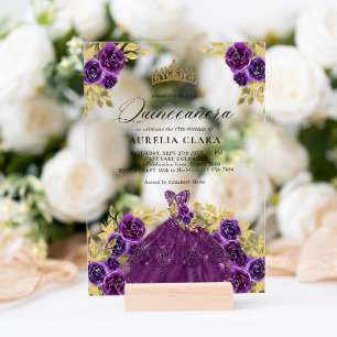 Glam Paarse jurk Floral 15th Quinceañera Acryl Uitnodigingen