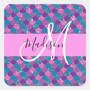Glam Paarse Meermin Glitter Glans Monogram Naam Vierkante Sticker