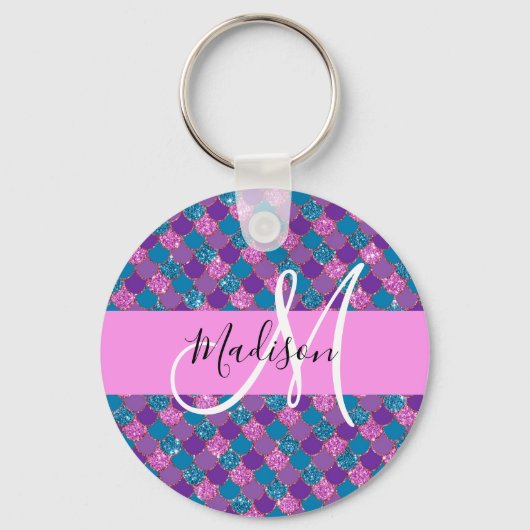 Glam Paarse Mermaid Glitter Sparkles Monogram Sleutelhanger (Voorkant)