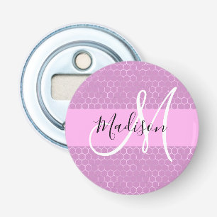 Glam Paarse Metaalachtige Roze Honingraat Monogram Button Flesopener