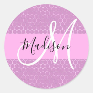 Glam Paarse Metaalachtige Roze Honingraat Monogram Ronde Sticker