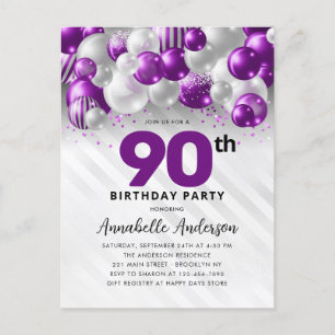 Glam Paarse Zilveren Ballon Glitter 90ste Verjaard Briefkaart
