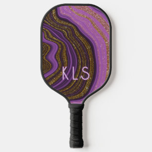 Glam Paarse Zwart & Gouden Glitter Agaat Monogram Pickleball Paddle