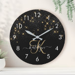 Glam Parties scintillant or diamant étincelle Élég<br><div class="desc">Créez votre propre horloge brillante diamant noir et or personnalisée avec votre monogramme et nom personnalisés.</div>