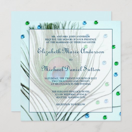 Glam Peacock Feather Blauwgroen Weddenschap Kaart (Voorkant / Achterkant)