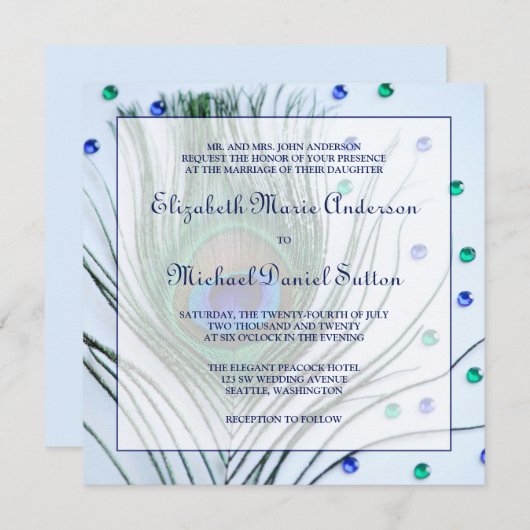 Glam Peacock Feather Blue Wedding Invitations Kaart (Voorkant / Achterkant)