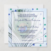 Glam Peacock Feather Blue Wedding Invitations Kaart (Voorkant)