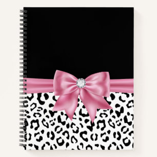 Glam Pink Bow Diamond Black Snow Leopard Notitieboek
