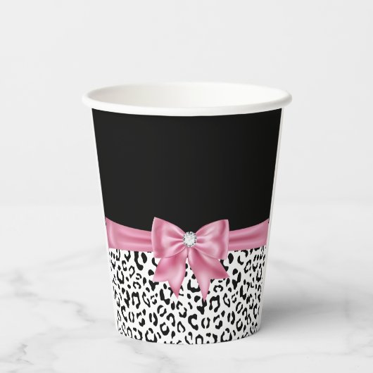 Glam Pink Bow Diamond Black Snow Leopard Papieren Bekers (Achterkant)
