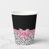 Glam Pink Bow Diamond Black Snow Leopard Papieren Bekers (Voorkant)