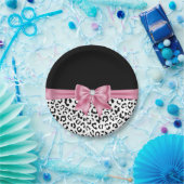 Glam Pink Bow Diamond Black Snow Leopard Papieren Bordje (Feest)