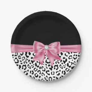 Glam Pink Bow Diamond Black Snow Leopard Papieren Bordje