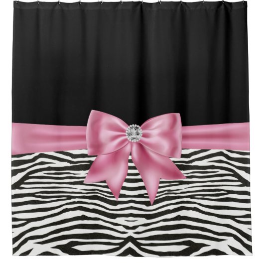 Glam Pink Bow Diamond Zebra Print Zwart Douchegordijn (Voorkant)