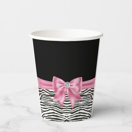 Glam Pink Bow Diamond Zebra Print Zwart Papieren Bekers (Achterkant)