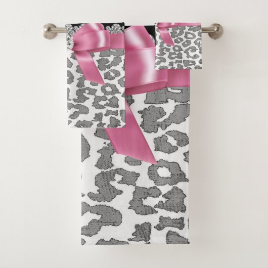 Glam Pink Bow-Grey Leopard-Silver Floral Sparkles Bad Handdoek (Insitu)