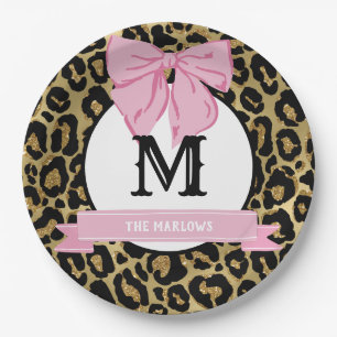 Glam Pink Bow Leopard Print Familienaam Monogram Papieren Bordje