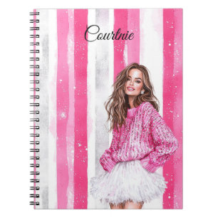 Glam Pink Brown Haired Girl Notitieboek