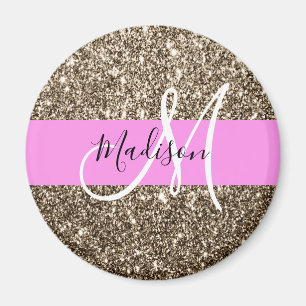 Glam Pink Champagne Gold Glitter Sparkle Monogram Magneet