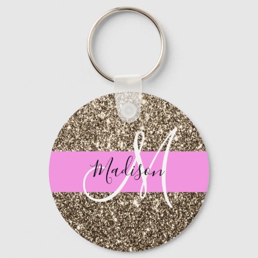 Glam Pink Champagne Gold Glitter Sparkle Monogram Sleutelhanger (Voorkant)