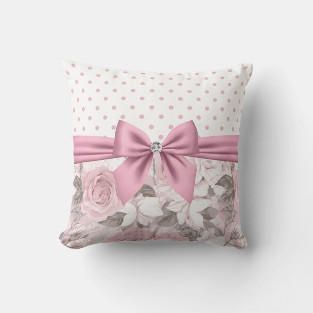 Glam Pink Diamond Bow Floral Polka Dots Kussen (Voorkant)